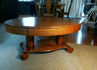 Antique American Empire Coffee Library Table Quarter Sawn Tiger Oak W Drawer