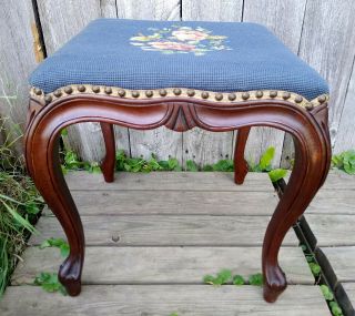 Antique Vintage French Floral Carved Walnut Needlepoint Vanity Stool Seat Bench