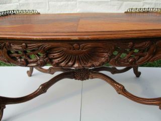 Gorgeous Antique Hand Carved Inlayed Brass Trim Rail Coffee Table