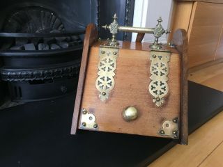 Antique Oak And Brass Coal Box - A Purdonium With Shovel And Liner