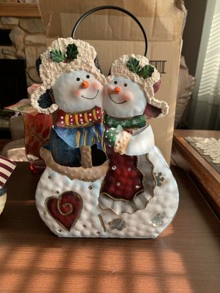 Home Interiors Tin Punch Christmas Tin Snowman Couple Candle Holder