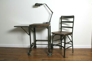 Vintage Industrial Metal / Wood Desk Chair Articulating Light Combo Package Old