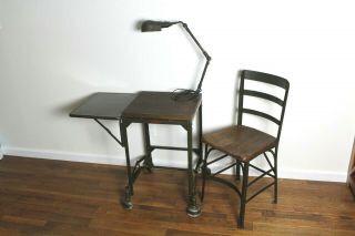 Vintage Industrial Metal / Wood Desk Chair Articulating Light Combo Package Old 2