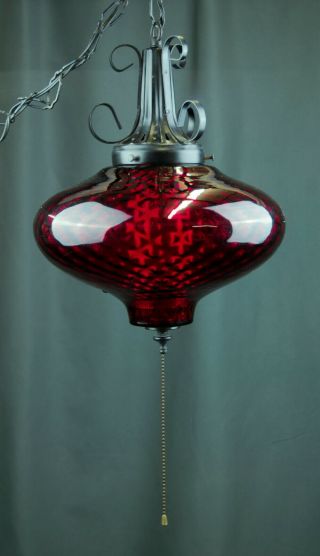 Vintage Spanish Revival Gothic Ufo Red Glass Swag Hanging Pendant Lamp Diffuser