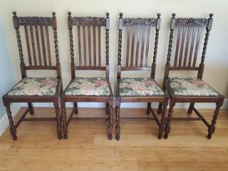 Set Of 4 Ornate English Barley Twist Solid Oak Wood Chairs
