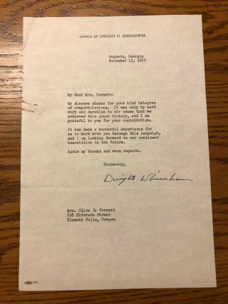 Vintage 11 - 13 - 52 Letter Signed By Dwight D.  Eisenhower On His Office Letterhead