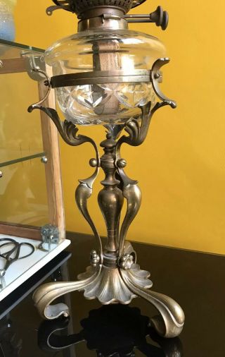 Antique Art Nouveau Brass Oil Lamp With Cut Glass Font (wright & Butler)