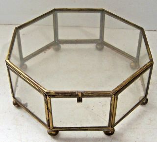 Vintage Hinged Brass & Glass Footed Octagon Display Case Jewelry Trinket Box