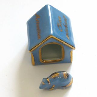 Vtg Limoges France Blue Porcelain Miniature Dog House & Dog