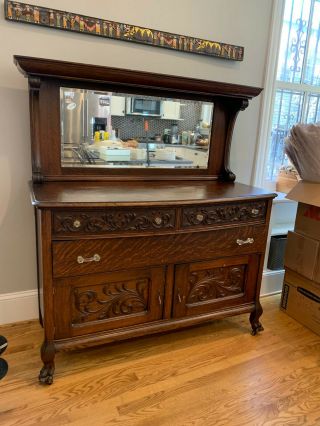 Antique Tiger Oak Buffet With Mirror,  5 Drawers,  Claw Feet,  Unique Carvings