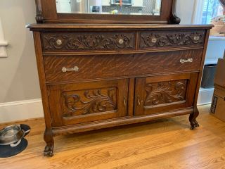 Antique Tiger Oak Buffet with Mirror,  5 Drawers,  Claw Feet,  unique carvings 2