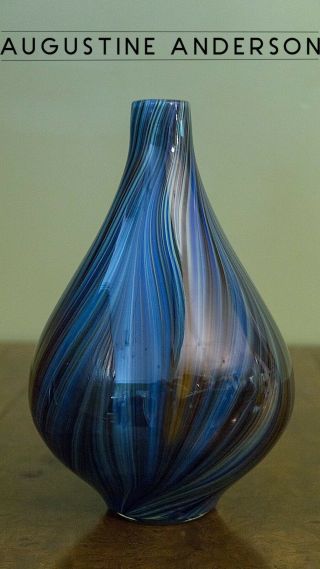 Large Vintage Art Glass Vase - Swirls Of Blue/green/gold/brown