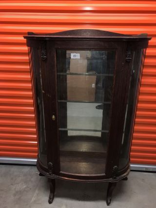 Round Oak China Cabinet - Mirrored Back With Glass Shelves From Early 1900 