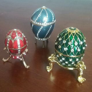 Set Of 3 Enamel Eggs On Stands; Blue,  Green And Red