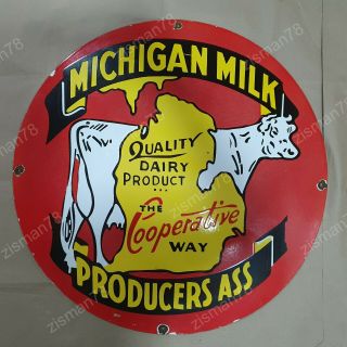 Michigan Milk Dairy Product Vintage Porcelain Sign 30 Inches Round
