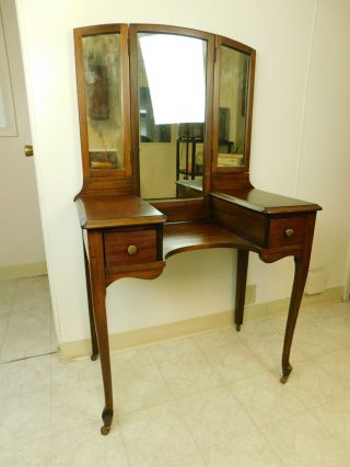 Cutest 32 " Wide Antique 1930s Walnut Tri Folding Mirror Vanity Princess Desk