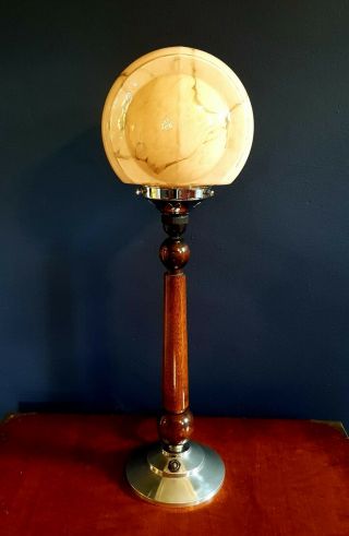 1930s Art Deco Table Desk Lamp Walnut & Chrome Stem.  Globe Glass Shade