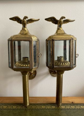 Antique Victorian Brass Eagle Carriage Lamps