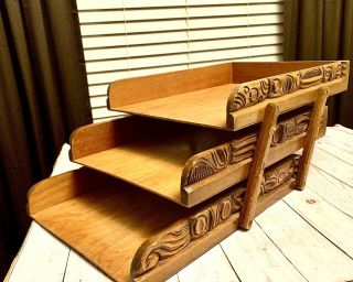 Rare Vintage Wood Carved 3 Tray Collapsible File Paper Desk Letter Organizer