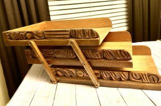 Rare Vintage Wood Carved 3 Tray Collapsible File Paper Desk Letter Organizer 2