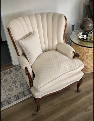Queen Anne Mahogany Wing Back Chair Upholstered White Fabric With Pillow