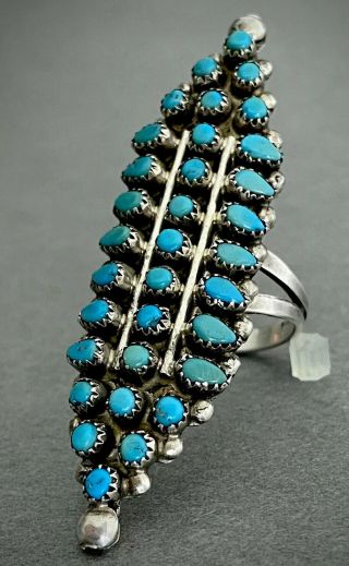 Huge Long Vintage Zuni Native American Sterling Silver Turquoise Cluster Ring