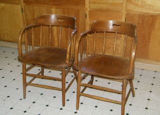 Vintage Matched Pair Oak Railroad Caboose Chairs Captain Saloon Pub Barrel Back