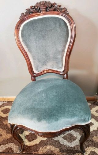 Antique Ornate Carved Parlor Chair Blue Velvet Upholstery Floral Carvin 2 Chairs