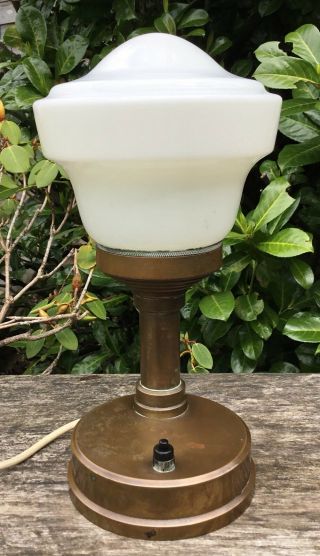 Vintage Old Art Deco Antique Brass Table Lamp White Glass Dome Shade