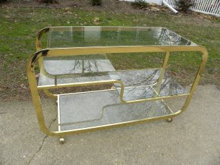 Vintage Mid Century Brass & Glass 4 Tiered Rolling Serving Bar Cart Or Sideboard