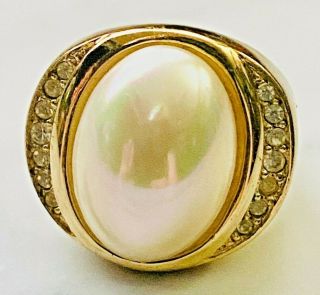 VINTAGE HAUTE COUTURE CHRISTIAN DIOR PEARL BAROQUE RHINESTONE PAVE RING SIZE 7 2
