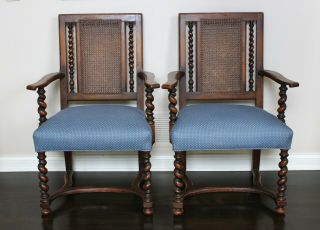 Pair Antique 19th Century English Walnut Barley Twist Cane Chairs