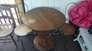 Vintage Antique Ice Cream Parlor Set Twisted Iron Oak Table And 3 Chairs