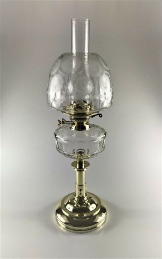 Antique Victorian Brass And Cut Glass Oil Lamp With Acid - Etched Beehive Shade