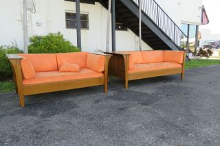 Stickley Mission Style Tiger Oak Set Of Long Sofa And Settee Love Seat 1476x