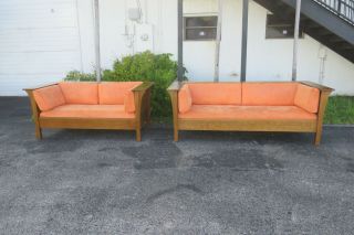 Stickley Mission Style Tiger Oak Set of Long Sofa and Settee Love Seat 1476X 2