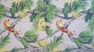 Vintage Barkcloth Fabric Parrots Tropical Ferns And Bamboo 42 " X 58 " Unique