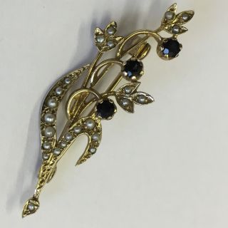 Vintage 9ct Solid Gold Hallmarked Sapphire & Seed Pearl Floral Brooch 4.  5cm