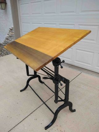 Antique Drafting Table - 1900s Cast Iron & Wood L.  E.  Hoyt Table - Reconditioned
