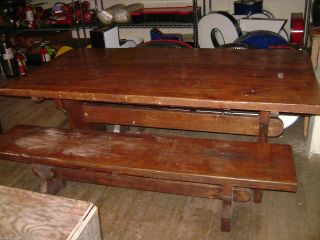 Vintage Trestle Table W/ Benches Picnic Style Table Farmhouse Primative