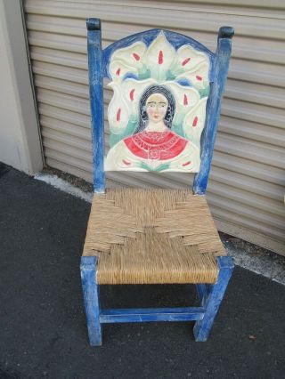 Vtg Guadalupe Hand Carved Wood Mexican Chair Virgin Mary Calla Lily Portrait Art