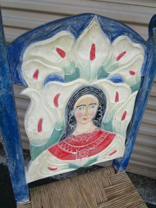 Vtg Guadalupe Hand Carved Wood Mexican Chair Virgin Mary Calla Lily Portrait Art 2