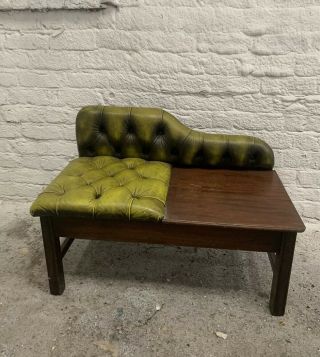Vintage Green Leather Dark Wood Telephone Table,  Phone Seat With Storage Shelf