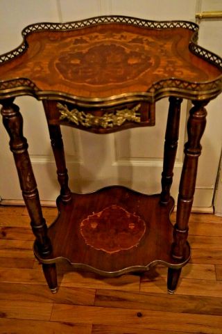 Antique French Inlay Accent Table With Brass Embellishments