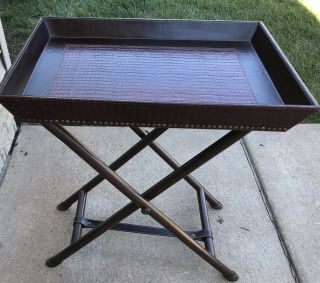 Vintage Bombay Company Croc Embossed Leather Folding Wooden Butler Tray/table