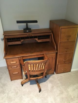 Vintage American Oak Scurve Rolltop Desk With Bankers Chair And File Cabinet