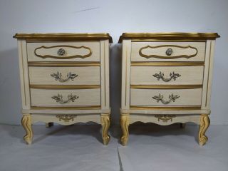 Pair Vintage French Provincial 2 - Drawer Table Nightstands - Cream White Gold