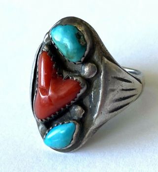 Vintage Sterling 925 Native American H.  Iule Red Coral Turquoise Ring Size 10.  5