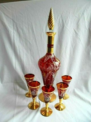 Vintage Mid Century Red Venetian Murano Italian Glass Decanter Cordial Set