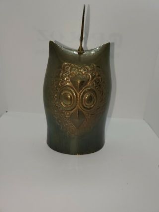 Vtg Brass Owl Bell India 4 X 1 1/2 Etched Owl Face Includes Clapper.  V2923